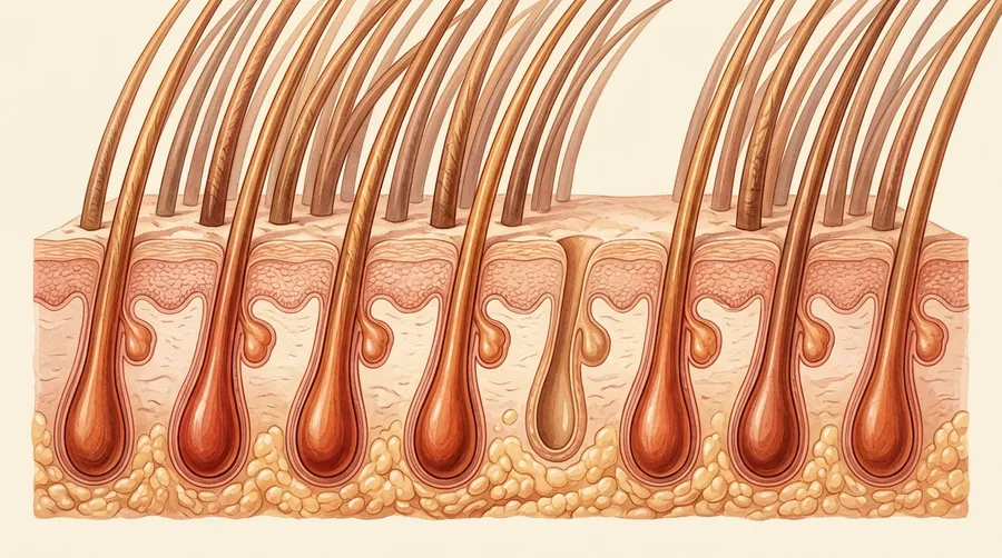 A dense row of follicles, nearly all actively growing thick hairs.