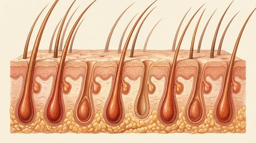 The same row with half the follicles empty and dormant, and the remaining hairs thinner.